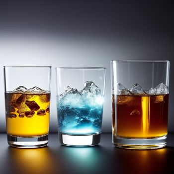 three glasses of different types of drinks on a table with ice cubes in them and one with a blue liquid