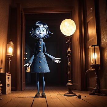 cartoon character standing in a hallway next to a lamp post and a lamp post with a light on