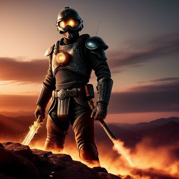 man in a space suit holding a sword on a rocky surface with a sunset in the background and a mountain range in the distance