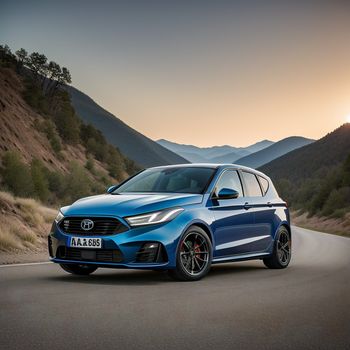 blue car driving down a road near mountains at sunset or dawn with the sun setting on the horizon