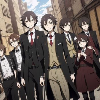 group of people in suits and ties standing in a street with buildings in the background and a sky in the background