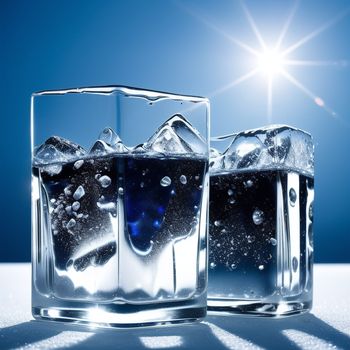 two glasses of ice water with bubbles on a table with a bright blue background and a bright sun shining in the background