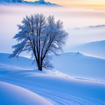 lone tree in a snowy landscape with a mountain in the background at sunset or dawn with a layer of fog