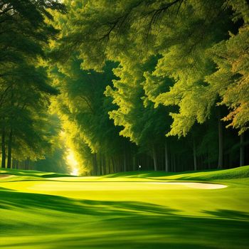 golf course with a green and trees in the background and a white ball on the green in the foreground