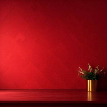 red wall with a gold vase with a plant in it on a table with a red background and a gold vase with a plant in it