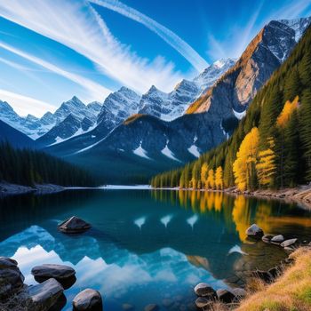 mountain lake surrounded by trees and rocks with a blue sky in the background and clouds in the sky