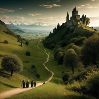 group of people walking down a dirt road in front of a castle on a hill with a long winding road