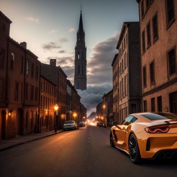 car driving down a street next to tall buildings at night with a clock tower in the background at dusk