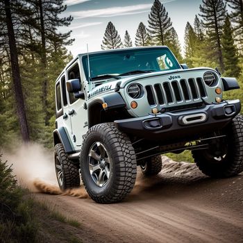 jeep driving down a dirt road in the woods with trees in the background and a person standing on the side of the road