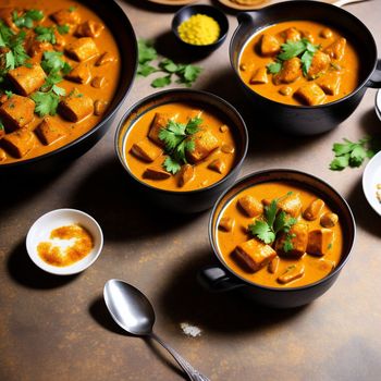 table topped with bowls of soup and a spoon and a plate of food on it and a spoon