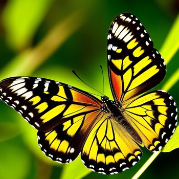 yellow and black butterfly sitting on a green leafy plant with a blurry background of green leaves