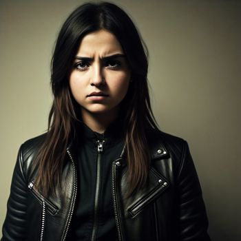 woman with a leather jacket on posing for a picture with a serious look on her face and shoulders