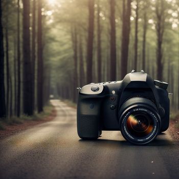 camera sitting on the side of a road in the woods with trees in the background and a sunbeam