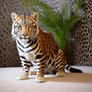 tiger sitting on a carpet next to a plant and a wallpapered wall behind it with a plant