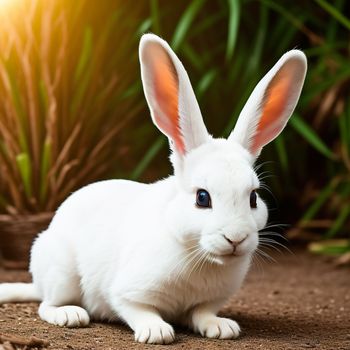 white rabbit with blue eyes sitting on the ground in front of some plants and grass