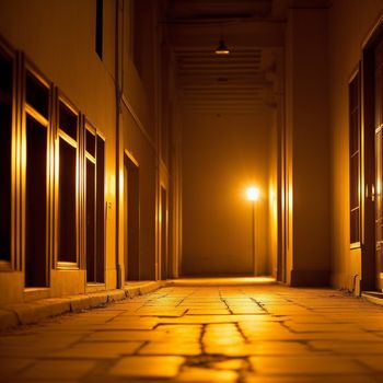 hallway with a light on and a door open at night time with a light on the floor and a lamp on