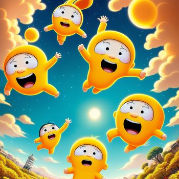 group of cartoon characters are flying through the air together in a circle with the sun in the background