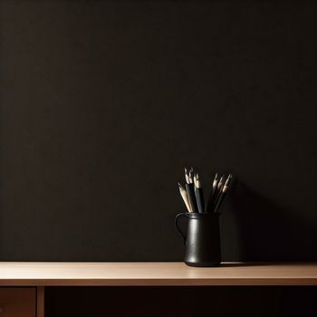 black cup with pencils in it on a table next to a black wall and a shelf with a black wall