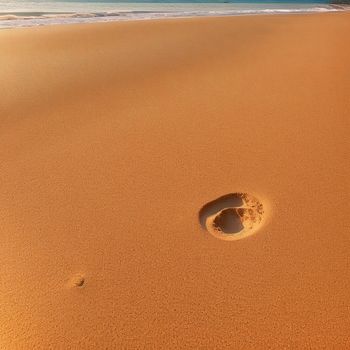 person's footprints in the sand on a beach near the ocean with a blue sky in the background