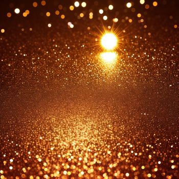 bright light shines brightly on a dark background with a blurry effect of gold dust and a bright light