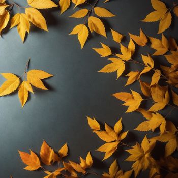 group of yellow leaves on a blue background with a black background behind them and a white border around the edges