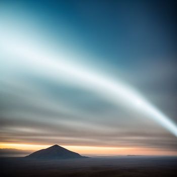 mountain with a very long line of light coming from it's top and a sky filled with clouds