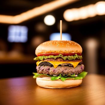 hamburger with a toothpick in it sitting on a table in a restaurant or bar with a blurry background