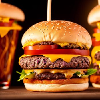 hamburger with cheese and tomatoes on a table next to a drink and a glass of soda on a table