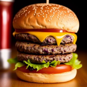 hamburger with cheese and lettuce on a wooden table next to a red pepper shaker and a red pepper shaker