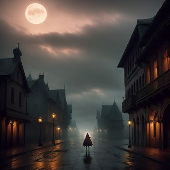 person walking down a street in the rain at night with a full moon in the background and a dark sky