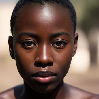 young boy with a black nose and brown eyes looks at the camera with a serious look on his face