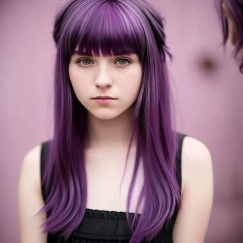 woman with long purple hair and bangs looking at the camera with a serious look on her face and shoulder