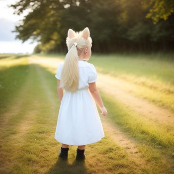 little girl in a white dress is walking down a path in the grass with a pony tail in her hair