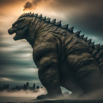 large godzilla is walking through the clouds in a city scene with a city in the background and a dark sky