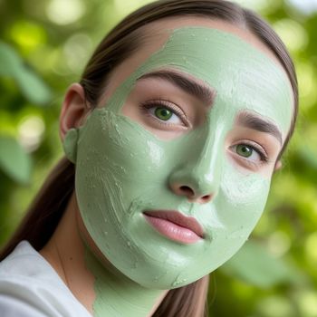 woman with a green mask on her face and a green leaf behind her head