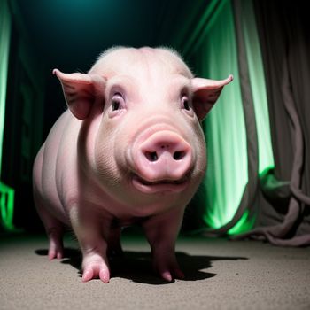 pig standing on a carpet in front of a curtain and a green light behind it with a black background