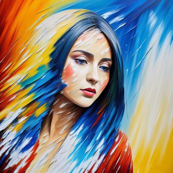 painting of a woman with blue hair and bright colors on her face and body