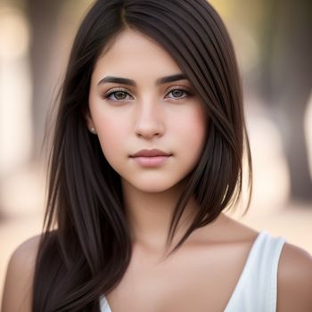 woman with long hair and a white top is posing for a picture with her eyes closed and her hair in a straight