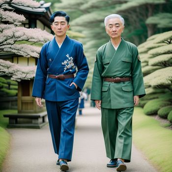 two men in green and blue outfits walking down a path in a garden with trees and bushes behind them