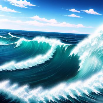 painting of a large wave in the ocean with a blue sky background and clouds above it