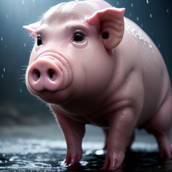 pig that is standing in the rain with its head turned to the side and eyes closed