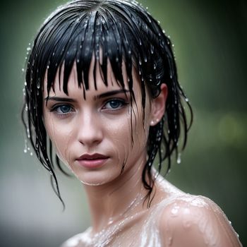 woman with wet hair and blue eyes is posing for a photo in the rain with water droplets on her face