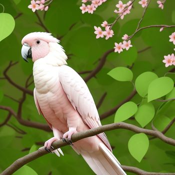 pink parrot perched on a branch in front of a tree with pink flowers and leaves in the background