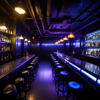 dimly lit bar with stools and a bar top with a lot of bottles on it and a lot of lights