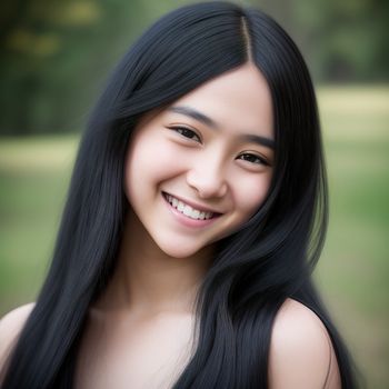 woman with long black hair smiling at the camera with a green field in the background and trees in the background