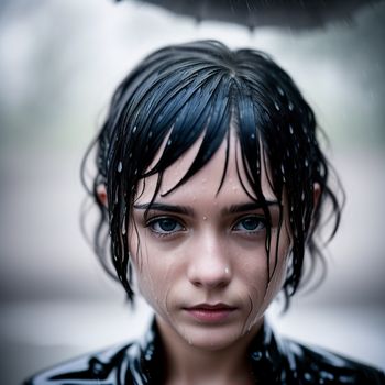 woman with a black shirt and a black umbrella over her head and rain falling down on her head