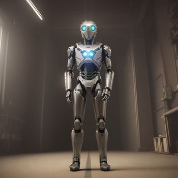 robot standing in a room with a light on its face and a light on its head