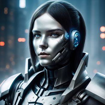 woman with headphones on her ears in a futuristic city at night with lights on her face and a futuristic suit