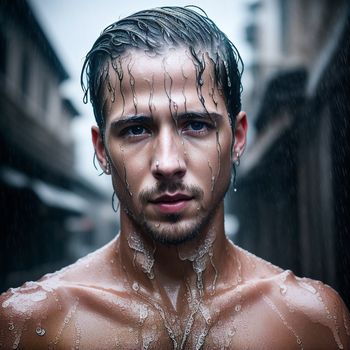 man with wet hair and no shirt on in the rain with a city street in the background and buildings in the background