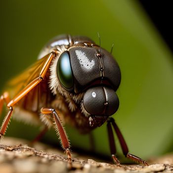 close up of a fly on a leaf with a blurry background of grass and a leaf with a few other things